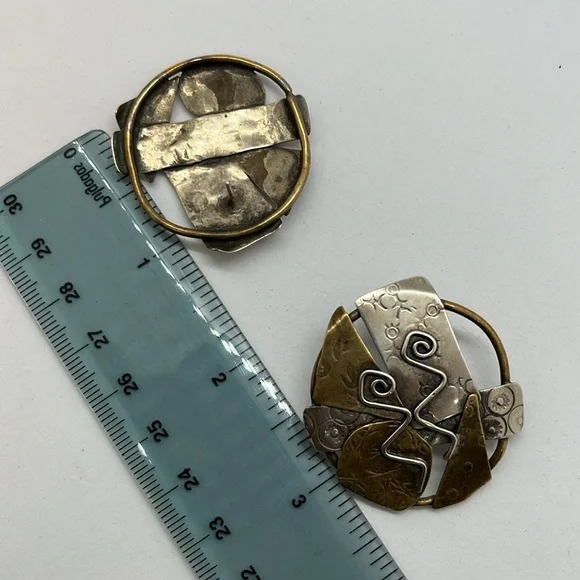 Brutalist artisan silver and brass post earrings - Picture 7 of 7